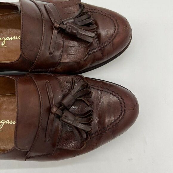 SALVATORE FERRAGAMO Brown Tassel Kiltie Loafer Slip on DRESS SHOES 7 1/2 D Italy - Picture 2 of 9